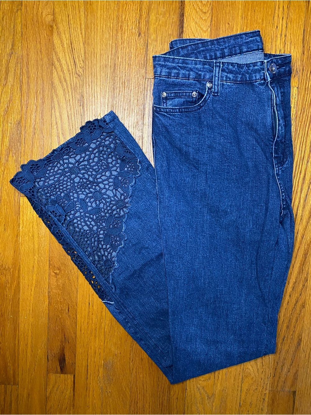 Denim 24/7 Navy Blue Flare Jeans with Lace Hem